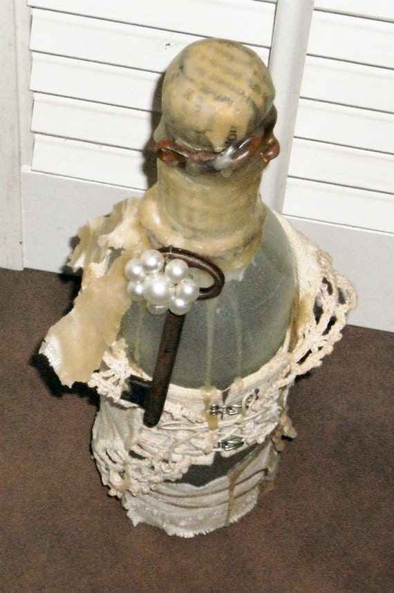 Altered Glass Bottle Art - Mixed Media Altered Art Assemblage