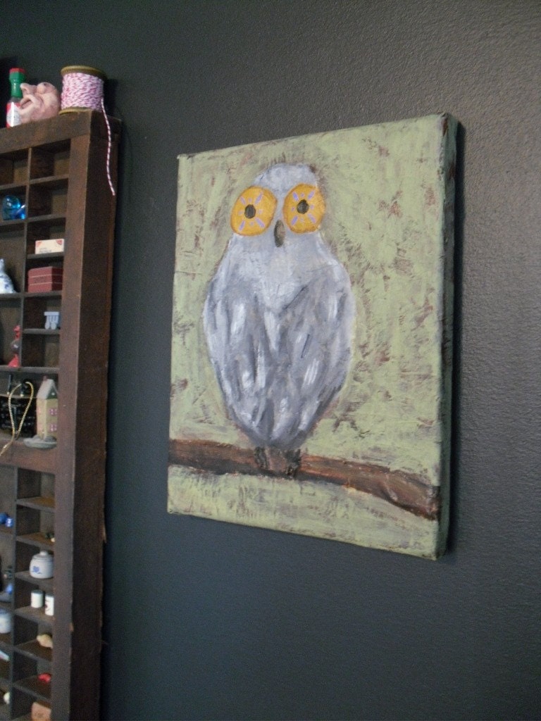 Gray owl with green background and gold eyes - original painting
