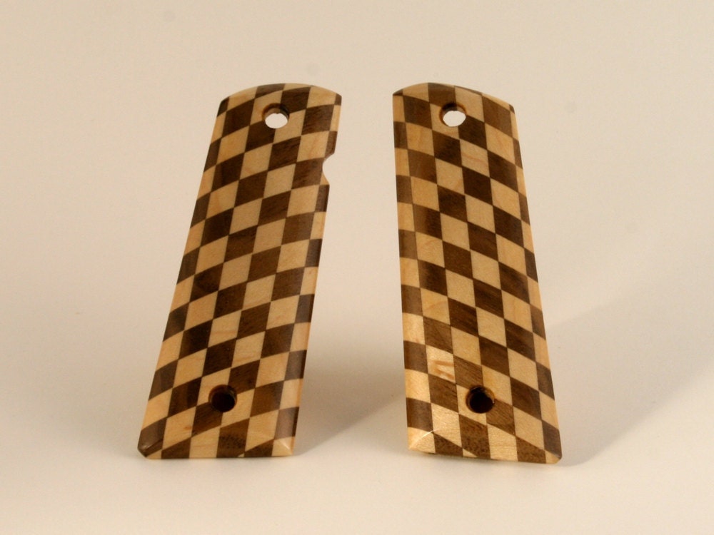 Walnut and Maple Diamond Pattern Full Size 1911 Pistol Grips