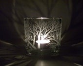 READY TO SHIP Candle Holder . Hand Engraved . 'Reaching Branches' . Featured On The Front Page . Glass Cube