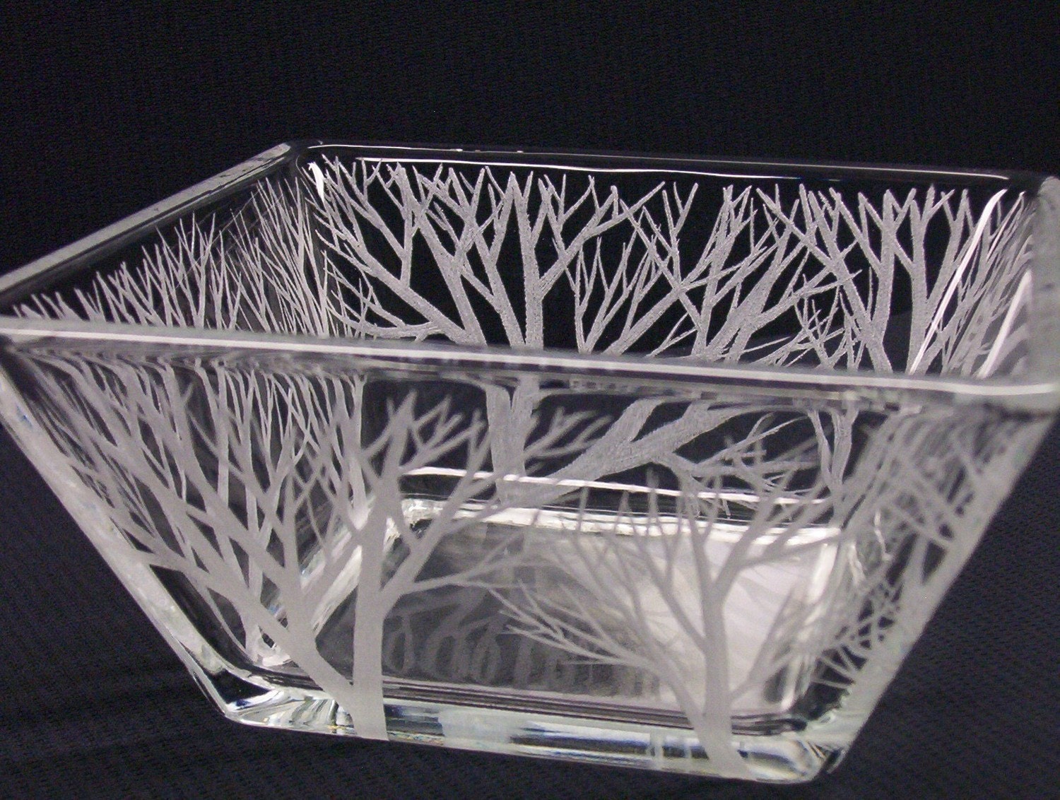 READY TO SHIP Engraved Glass Tapered Bowl . 'Reaching Branches'  Wedding Centerpiece Outdoor Decoration Candle Holder
