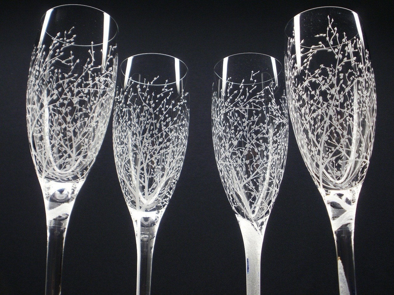 4 Champagne Flutes . Hand Engraved . 'Branches And Leaves' .  Bridal Party Gift . Spring Wedding Glassware Take 15% OFF At Checkout
