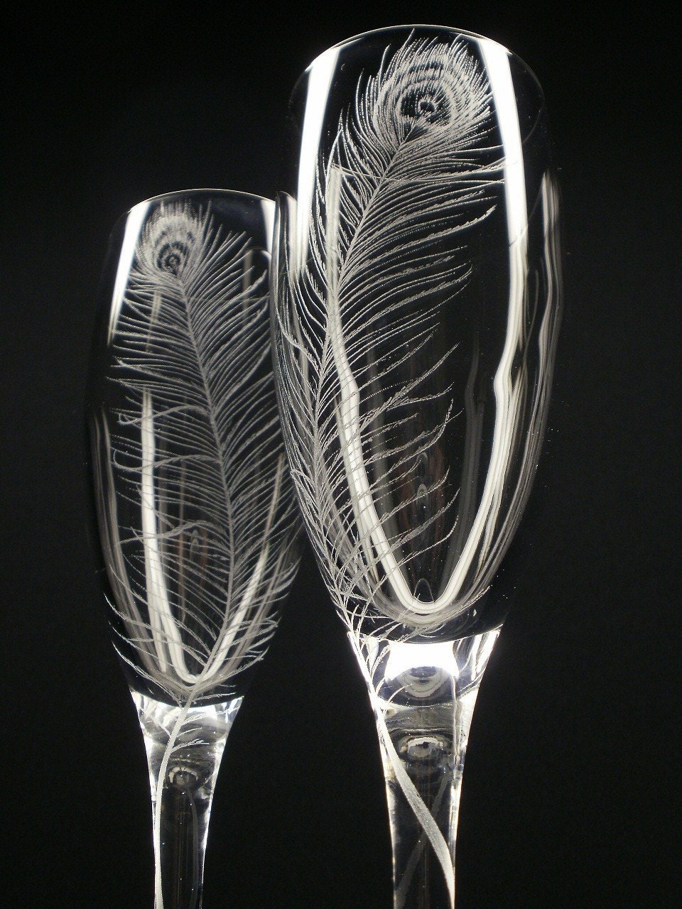 Peacock Feathers . 2 Champagne Flutes . Hand Engraved . Take 15% OFF At Checkout
