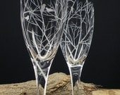 Reaching Branches With Bird Silhouettes Two Champagne Flutes Hand Engraved Weddings Take 15% OFF At Checkout