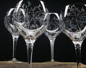 4 Red Wine Glasses Hand Engraved Crystal Glass 'Branches And Leaves' Bridal Party Gift Spring Glassware Take 15% OFF At Checkout
