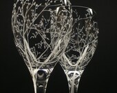 Two Wine Glasses . 'Branches & Leaves'  Hand Engraved Wedding Gift Bridal Party Crystal Glass Stemware . Take 15% OFF At Checkout