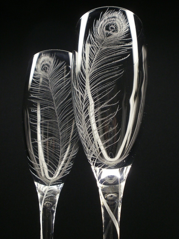 Peacock Feathers . 2 Champagne Flutes . Hand Engraved