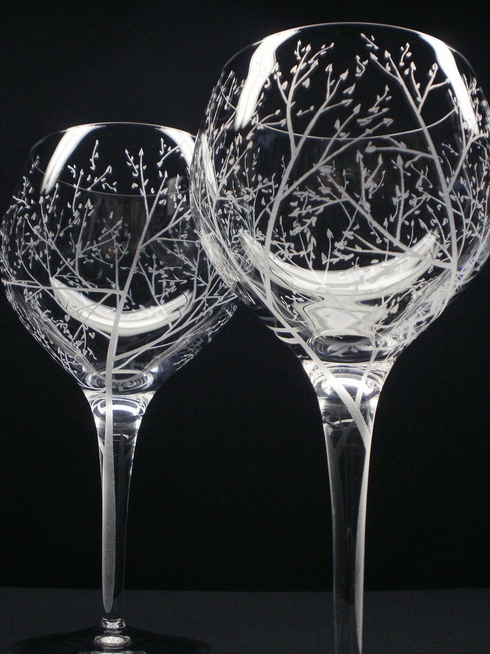 2 Red Wine Glasses . Hand Engraved Crystal Glass . 'Branches And Leaves' . Bridal party gift Spring Glassware