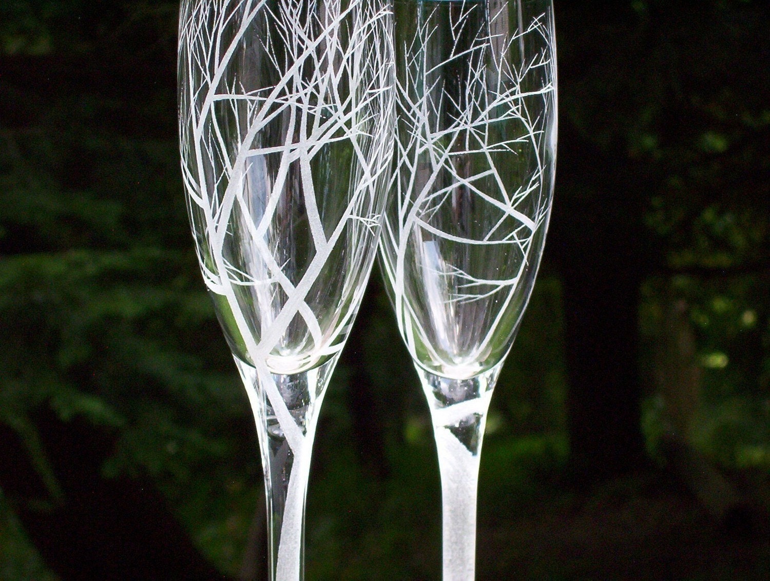 Two Champagne Flutes . Hand Engraved . 'Reaching Branches'