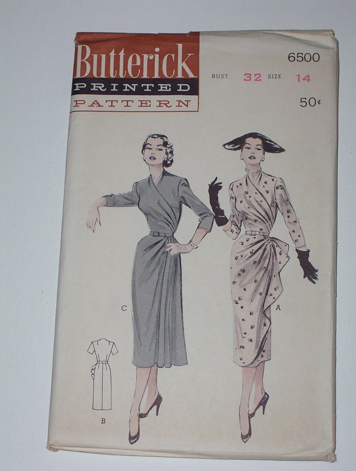 Vintage 50s Chic Slim Dress Asymmetric Bodice Draped Skirt Pattern Butterick 6500 Size 14 Bust 32 UNCUT