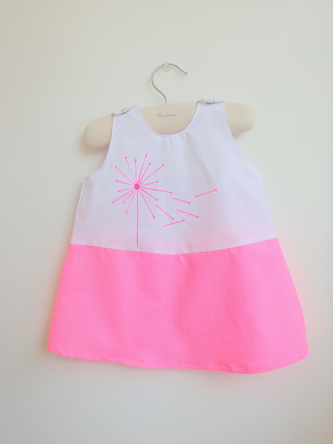 Girls Dress - Girls Jumper - French Style - Dandelion White and Neon Pink  - Baby Dress - Toddlers Dress- Girls Dress