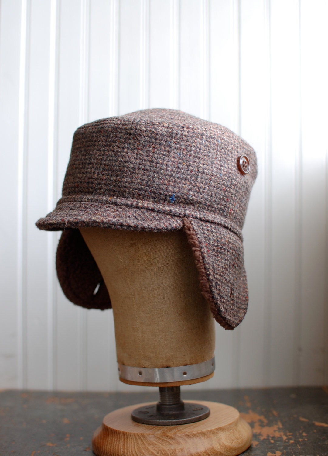 Wool earflap hat in brown tweed: mens repurposed wool hat, womens repurposed wool hat - small