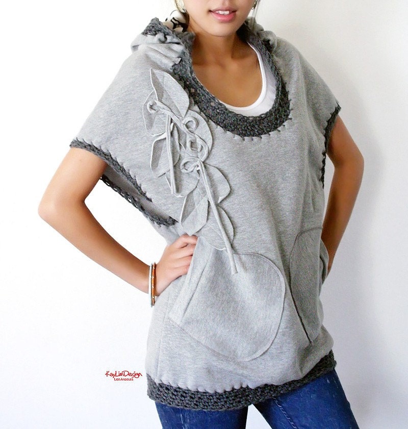 Drop shoulder, over-sized sweatshirt fleece hoodie with crochet details - KT 298