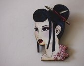 Geisha Girl - Laser Cut Wood Brooch