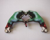 Zombie Love Heart Hands Laser Cut Wood Brooch