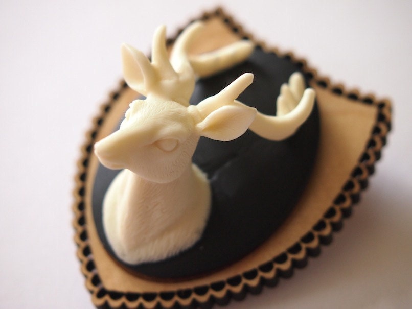 Mounted Deer Head on Light Wood Laser Cut Wood Brooch