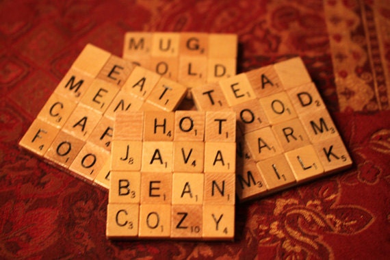 Scrabble Coasters With Recycled Wood Scrabble Tiles And Sturdy Backing Set Of Four WARM AND COZY