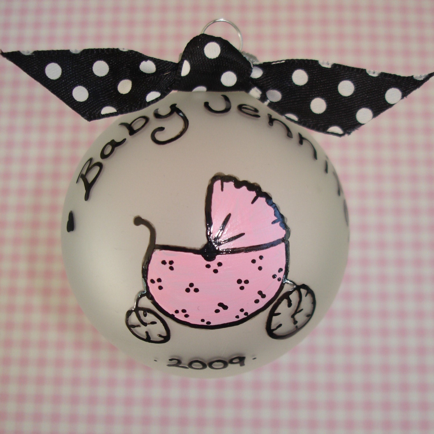 SALE - Hand Painted Glass Ball Ornament - Pink or Blue Pram with black trim, Personalized with name and Year