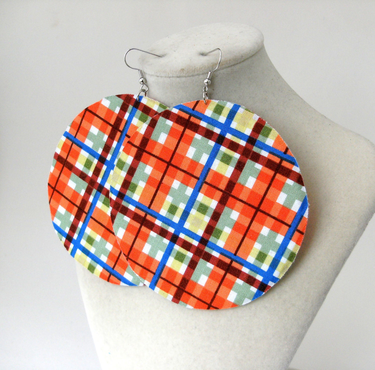 Big cotton fabric circle earrings- orange plaid print