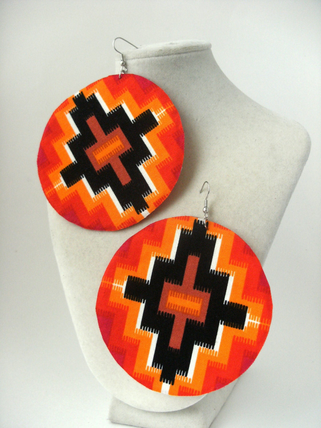 Aztec print large circle fabric earrings - maroon and orange center