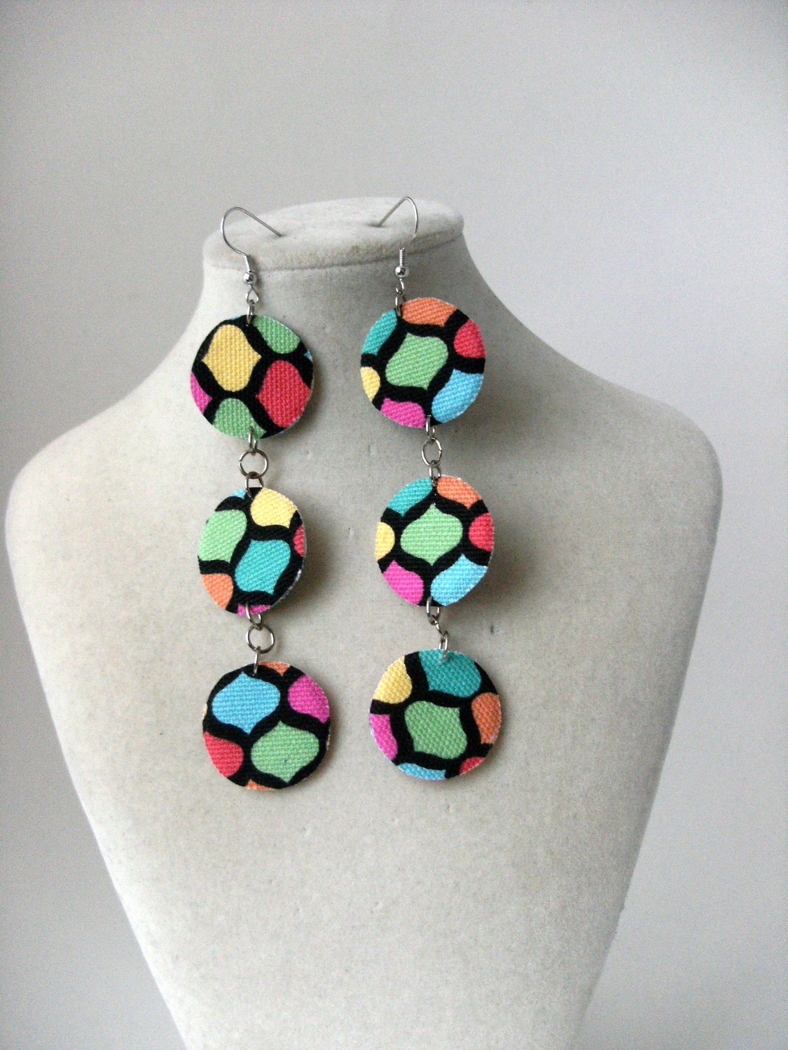 Triple circle dangle fabric earrings with retro print