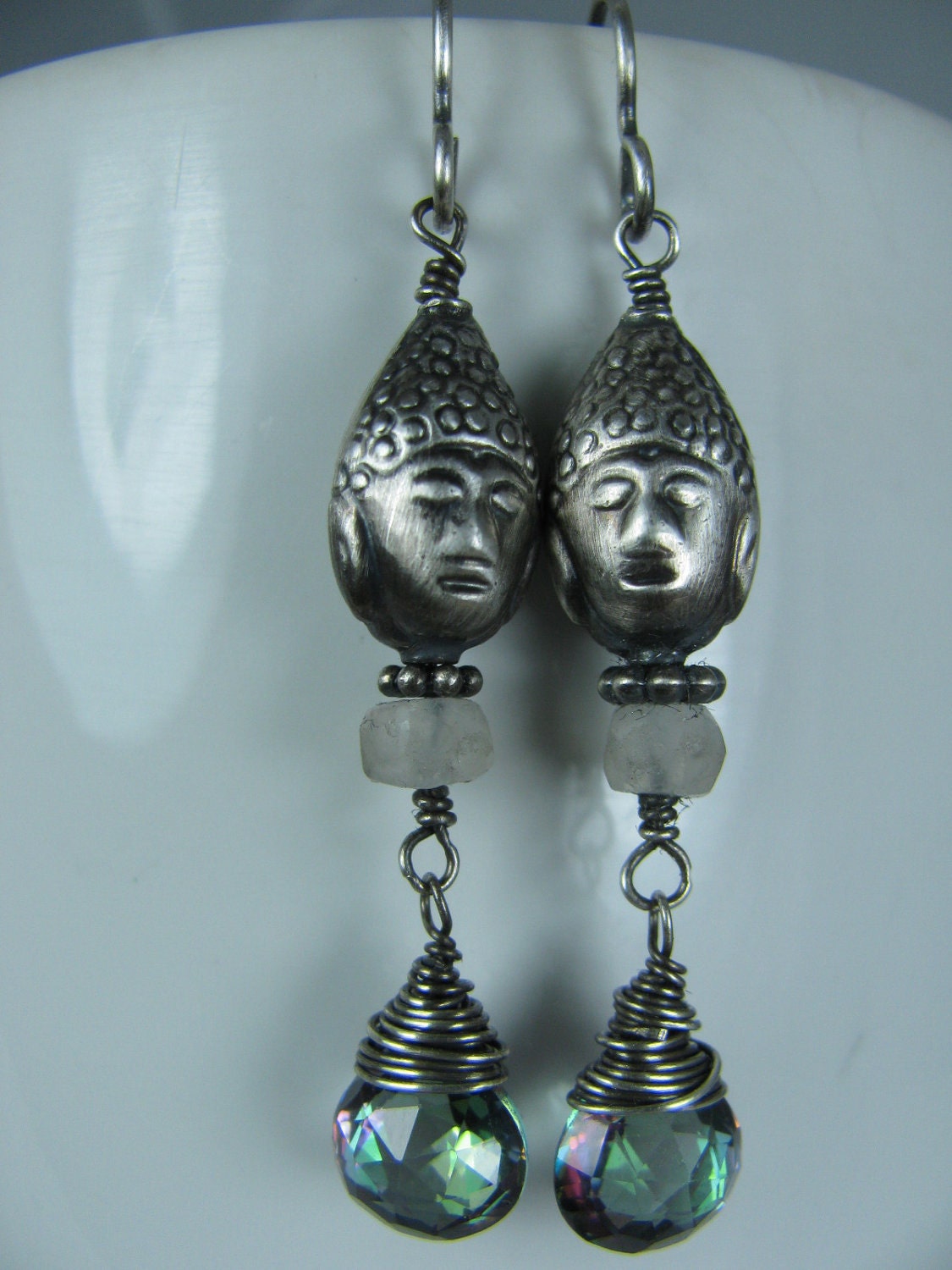 Thailand Inspired Mystic Topaz, Sterling Silver Buddha Heads, and Moonstone Earrings
