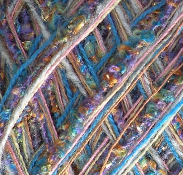Yarn: 100 yards CLAIRE blue lavender pink green gold peach purple sparkling worsted bulky wool blend, Life's an Expedition, dj runnels