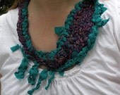 Crochet necklace scarf: multicolor crochet women's fashion knit chunky scarflette fiber art gypsy Bohemian silk wool, teal purple blue i466