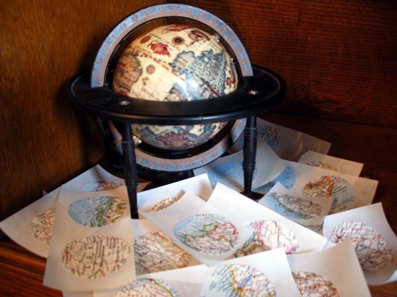 World Globe Atlas Map Stickers -One Hundred 1-1/2 Inch Stickers Handmade Vintage