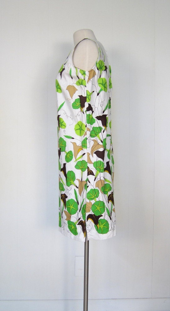 1960s Floral Dress / 60s Dress / Trumpet Vines / M Medium