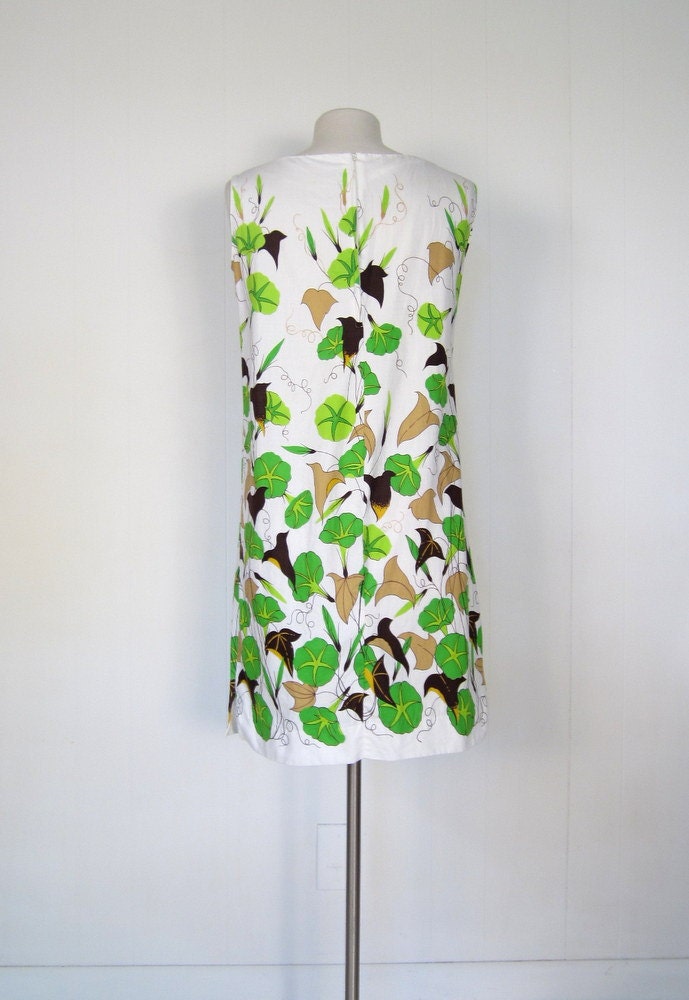 1960s Floral Dress / 60s Dress / Trumpet Vines / M Medium