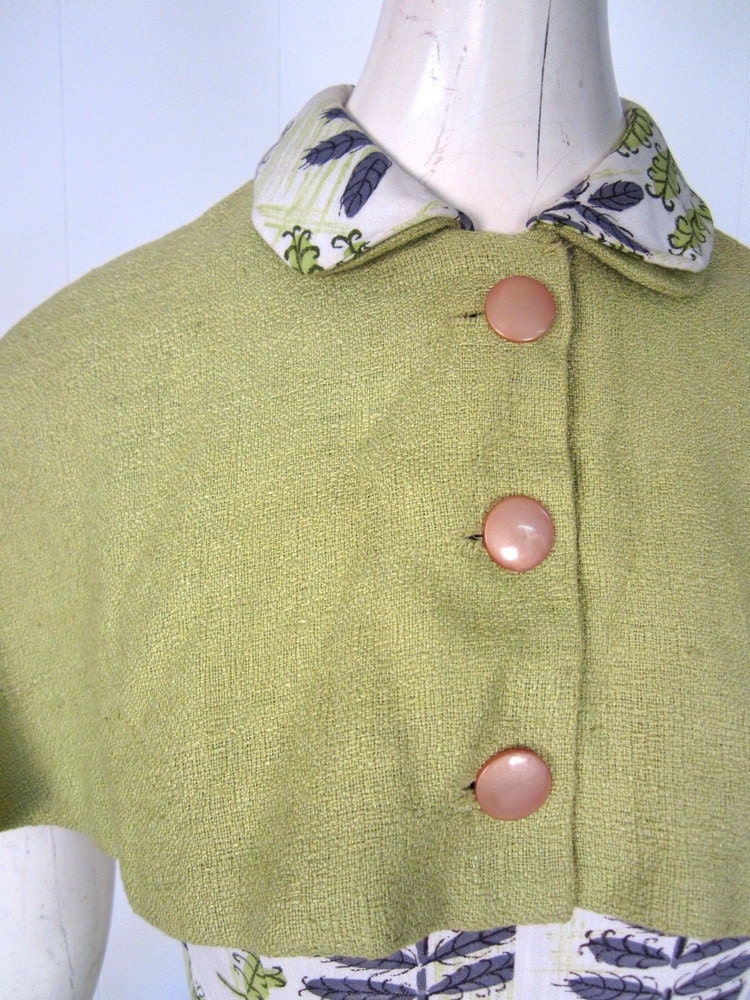 1950s Dress Set / 50s Dress / Fern Print / Chartreuse Capelet / XS