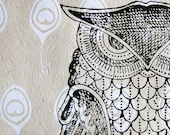 hand-printed owl, original, 11 x 14, NEW 2012 line