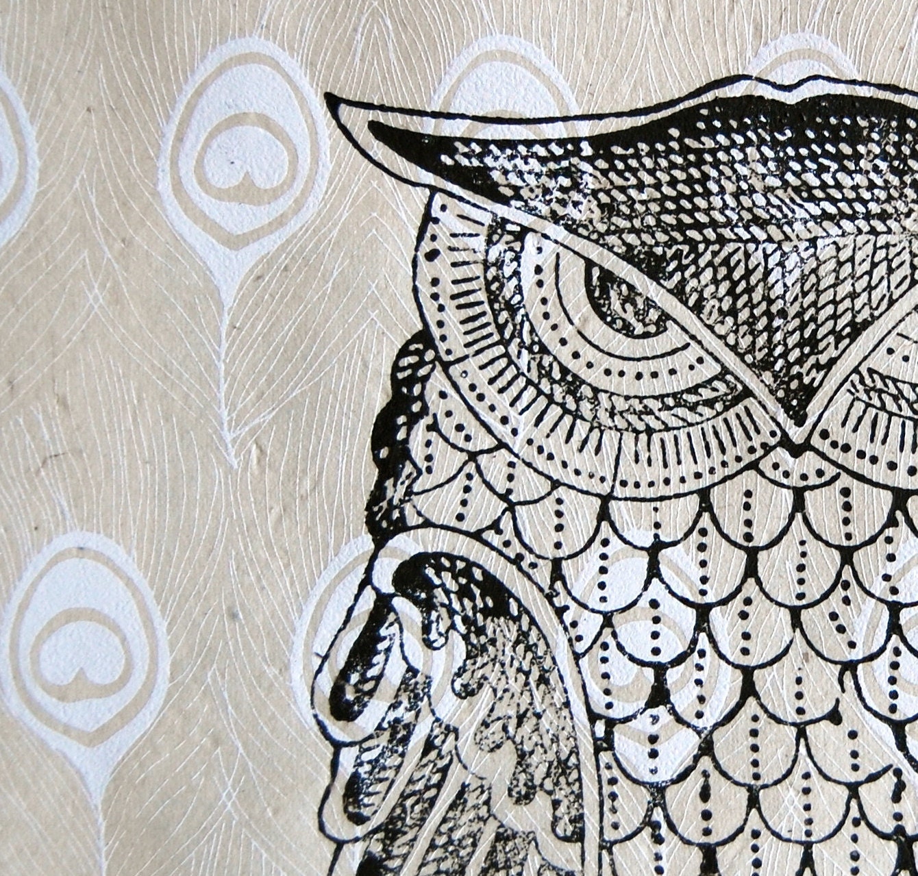 hand-printed owl, original, 11 x 14, NEW 2012 line