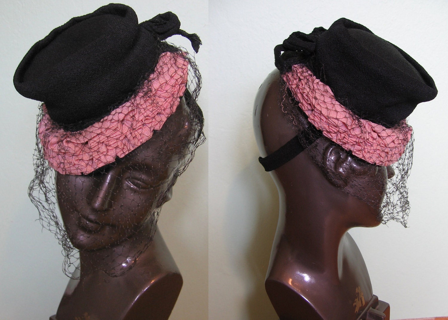 1940s crepe black and pink ruffle tilt hat with veil
