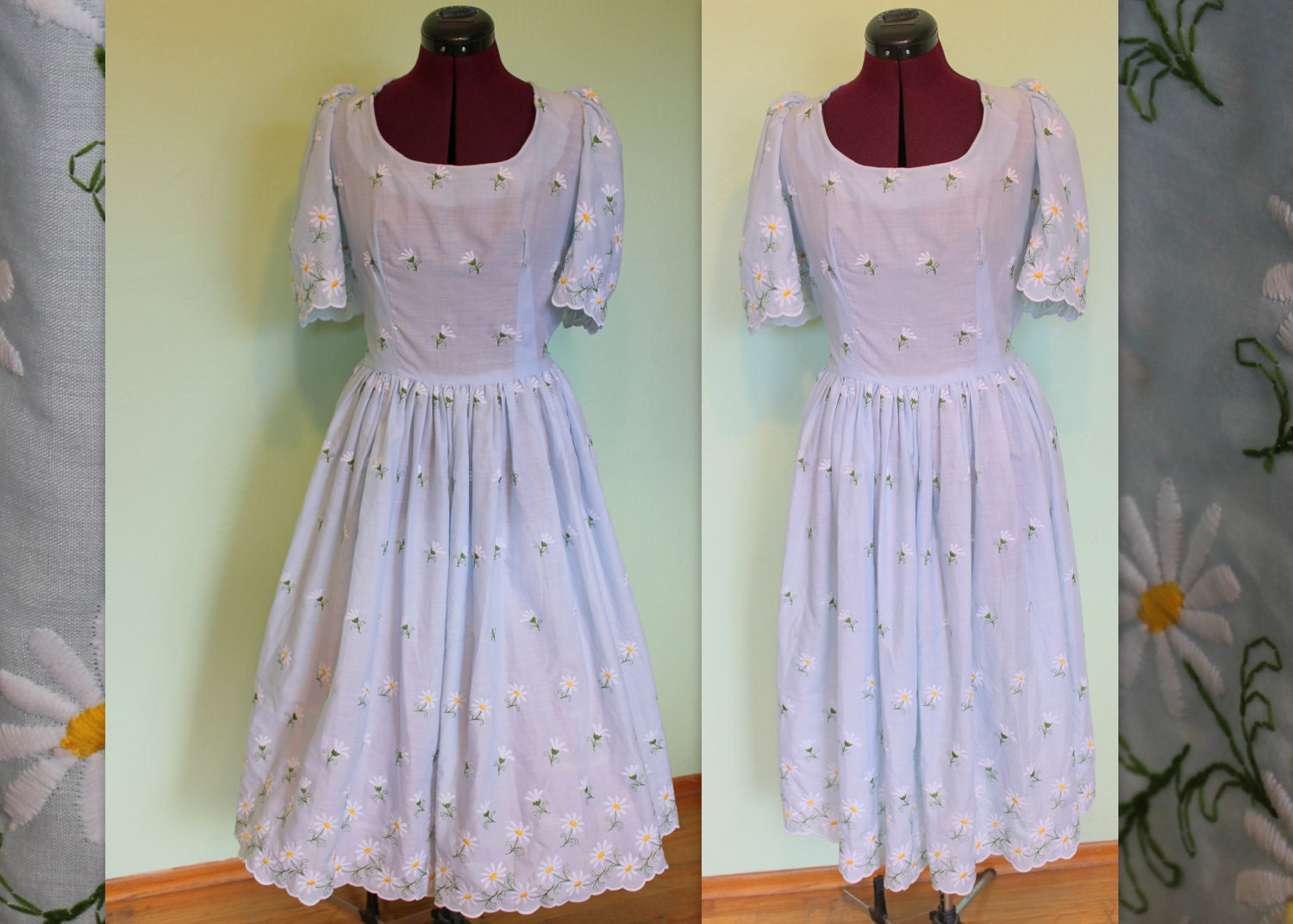 1950s 1960s light blue spring daisies flowers embroidered dress XL XXL