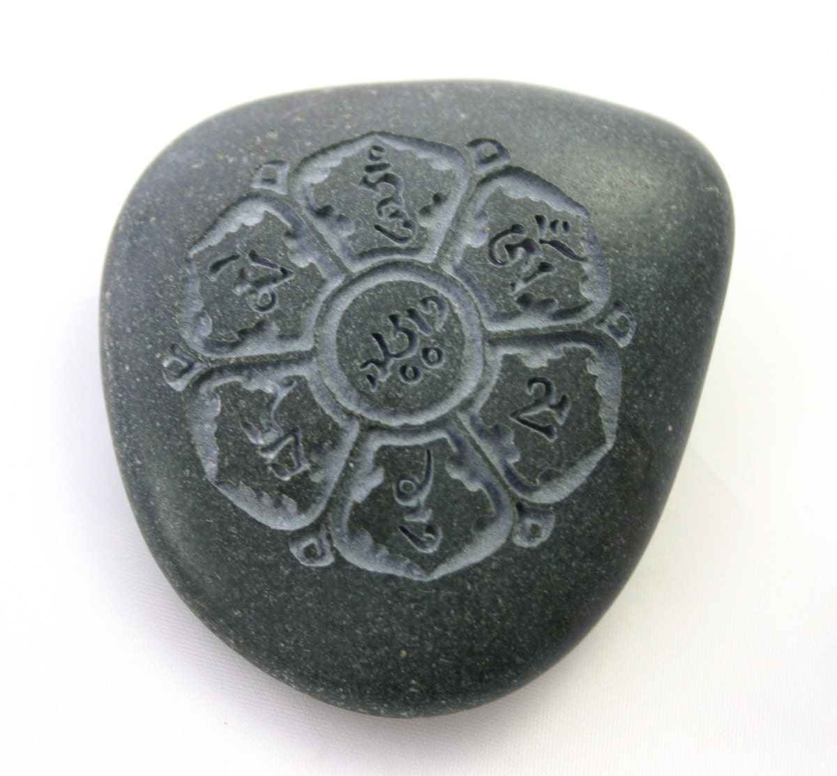 Om Mani Padme Hum Tibetan Script Engraved Grey Stone Mantra Prayer