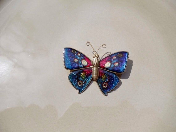 Vintage gold blue butterfly brooch