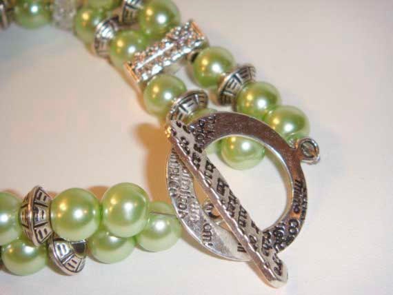 Summer Sale Two Layer Green Pearl and crystal bracelet 7.5 inches emerald toggle