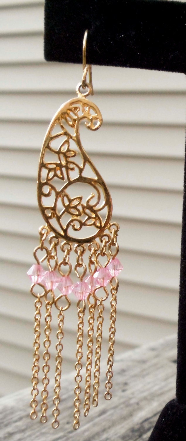 Summer Sale Gold chain dangle earrings with pink Czech glass beads