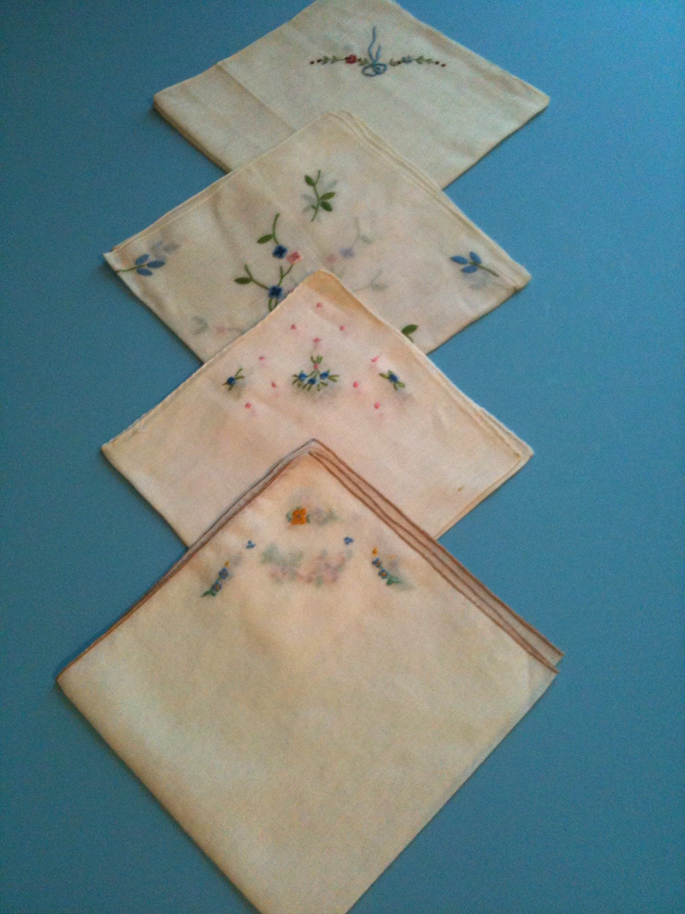 Lot of 4 Vintage Multi colored Embroidered White and Off White Cotton and Linen Hankies - Lot 12