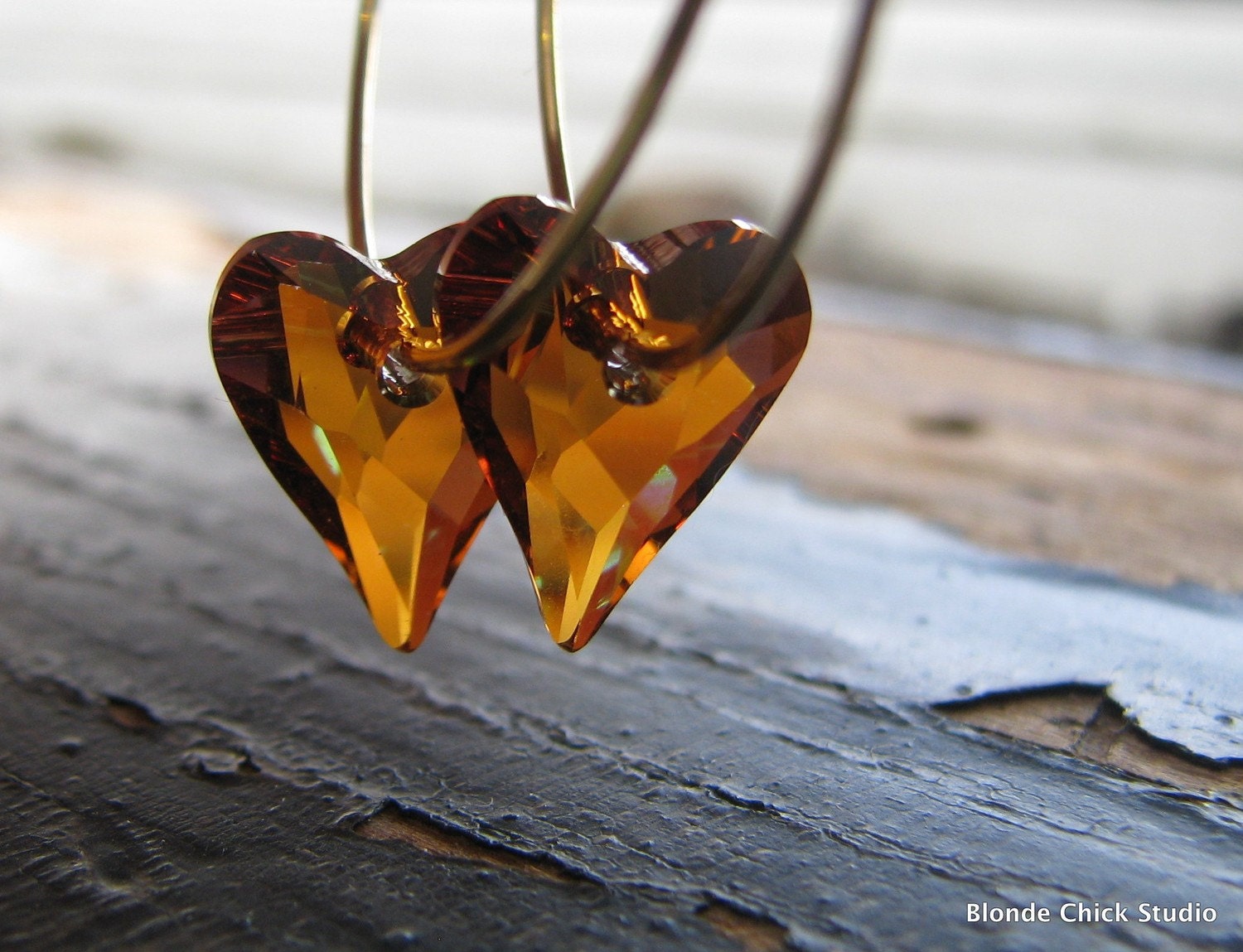 SWEETHEART-Copper Swarovski Crystal Heart Hoop Earrings
