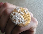 DECO RING no.26-Mustard Yellow Fabric with White Embroidered Lace Netting Overlay Ring-Made To Order