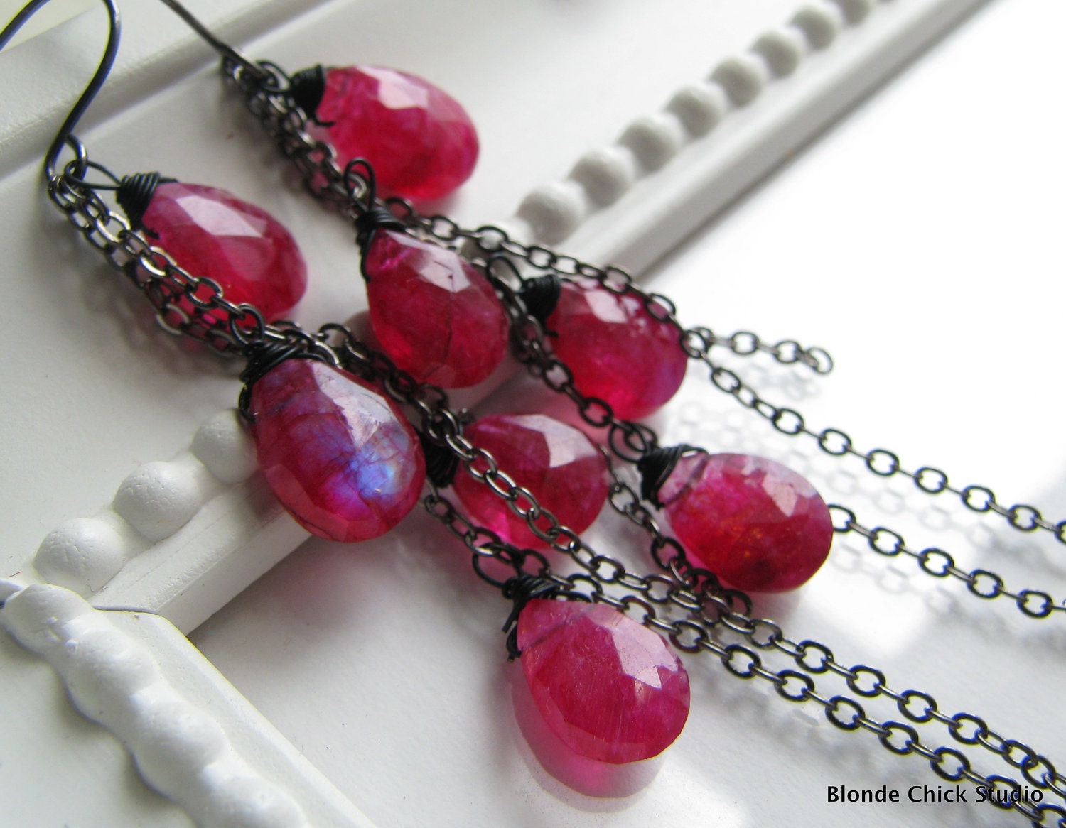 FLASH-Blue Flash Magenta Pink Moonstone Cascading Long Earrings