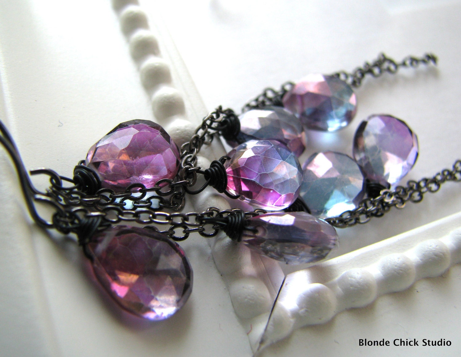 STELLAR-Mystic Purple Blue Pink Quartz Cascading Long Earrings-MADE to ORDER