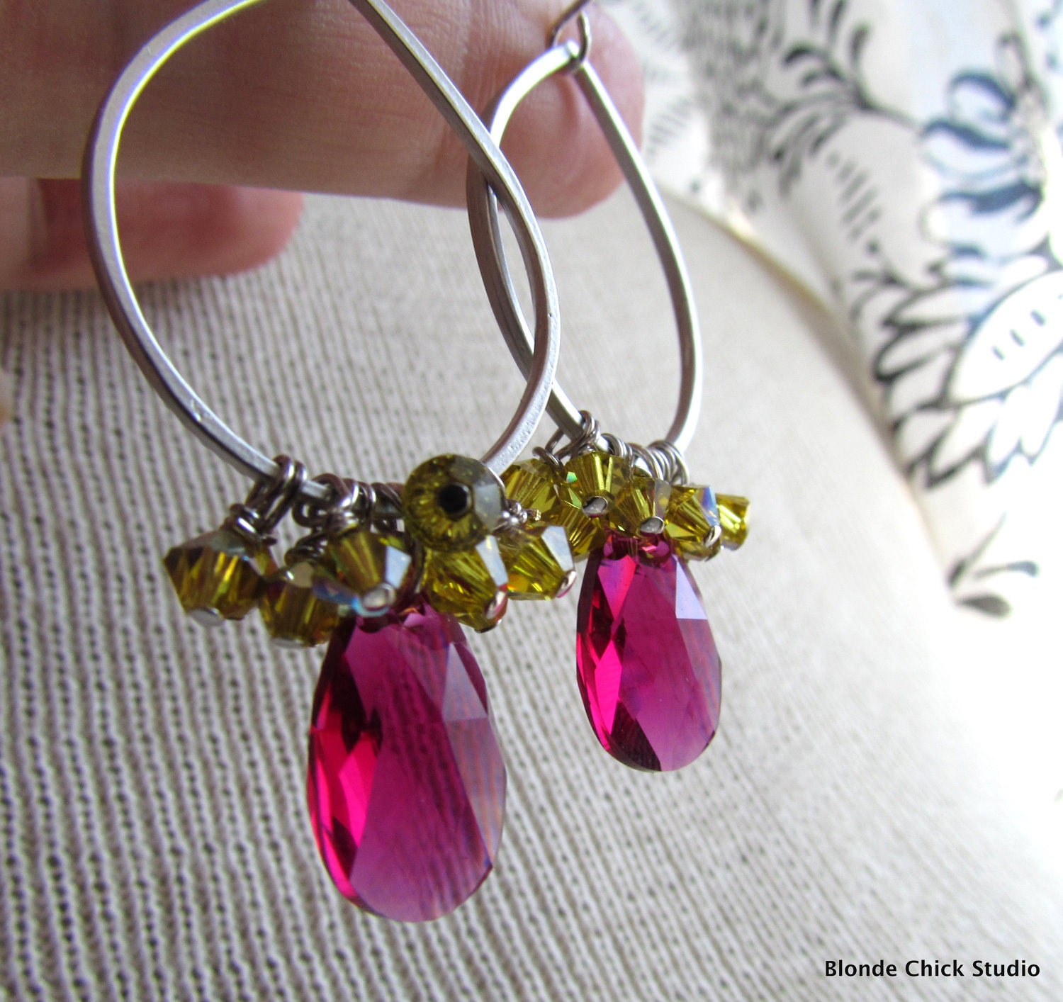 ZOEY-Silver Teardrop Hoop Earrings with Lime Yellow and Raspberry Hot Pink Swarovski Crystals