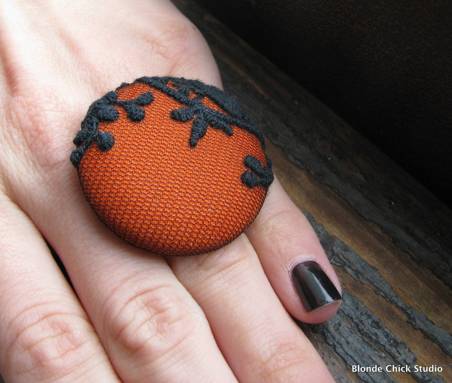 DECO RING no.10-Pumpkin Orange Fabric with Black Embroidered Lace Netting Overlay Spooky Halloween Ring-Made To Order