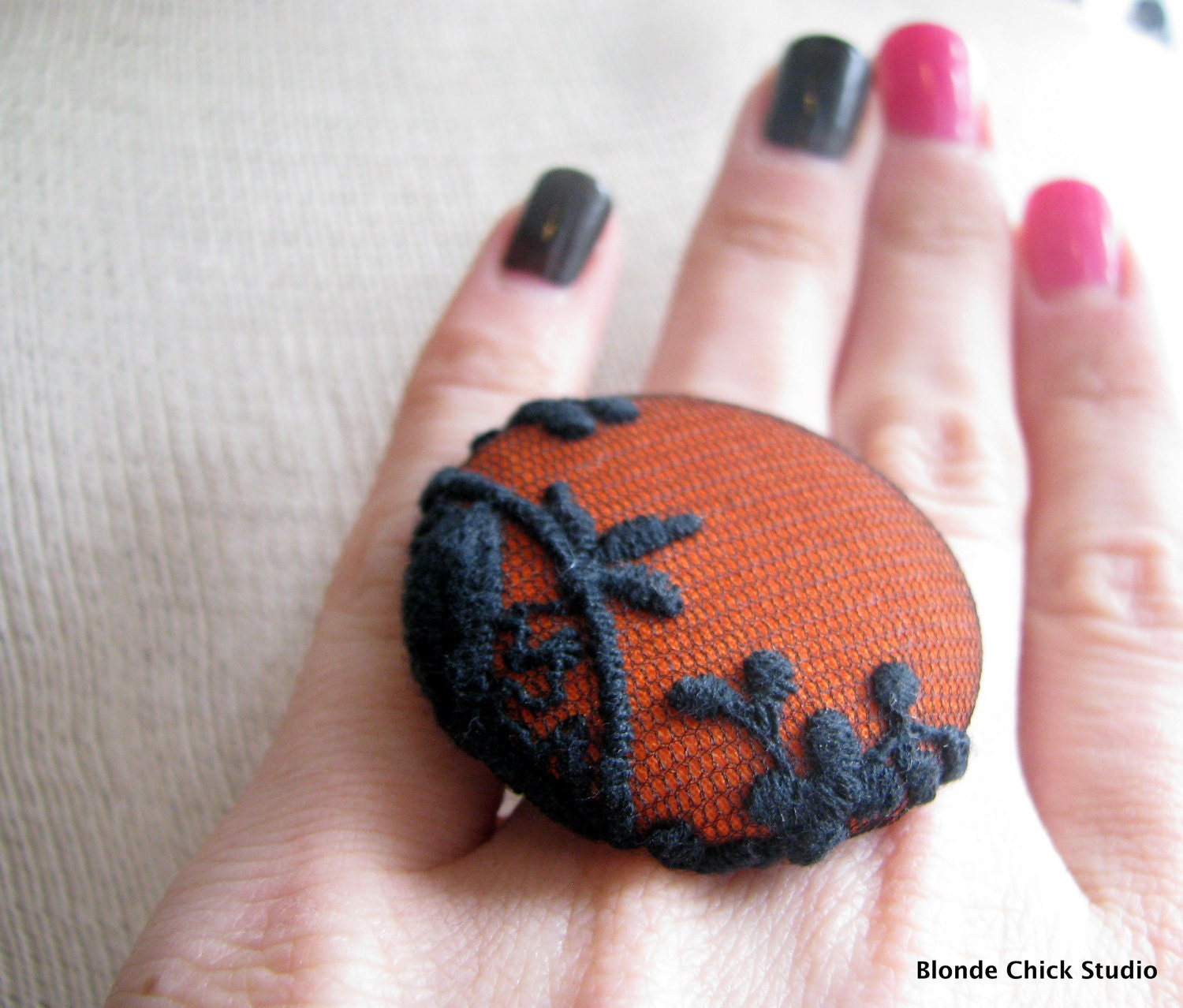 DECO RING no.10-Pumpkin Orange Fabric with Black Embroidered Lace Netting Overlay Spooky Halloween Ring-Made To Order