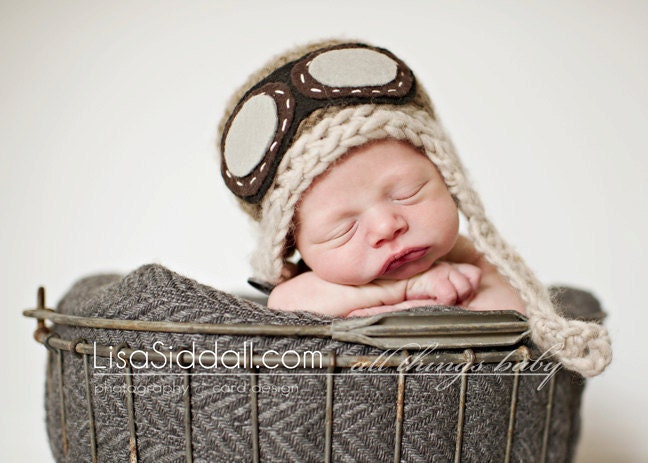 Baby Pilot Hat - Newborn Aviator Hat With Goggles - Newborn Photo Prop - Chin Strap Baby Hat - Rocketeer Size NEWBORN