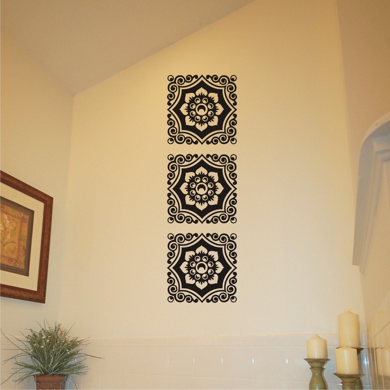 Floral Damask Motif Trio - Vinyl Wall Decal 3 Panel Design Vinyl Wall Art Sticker Graphic